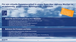 9
Für rein virtuelle Zusammenarbeit in einem Team über mehrere Wochen ist
es notwendig, gemeinsame Spielregeln zu entwickeln.
Klären Sie die Erwartungshaltung Ihrer Mitarbeiter1
 Welche Regelmeetings werden wir haben und wie lange finden diese statt?
 Wie gehen wir die Aufgabenverteilung an?
 Wie tauschen wir Informationen aus und schaffen Transparenz?
 Wie gehen wir mit (technischen) Problemen um?
 Was wünscht Ihr Euch von Eurer Führungskraft zusätzlich?
Definieren Sie Prinzipien und Rollen2
 Grundsätze unserer gemeinsamen, virtuellen Zusammenarbeit
 Regeln zum Feedback geben
 Kanäle für Fragen, Feedback, Informationsaustausch festlegen
 Rollen für die Verwaltung der administrativen Aufgaben, wie Moderation, Protokoll/Backlog
 Wie die Arbeitszeit erfasst wird und wann eine Kernarbeitszeit ist
Principles & Regulations
 