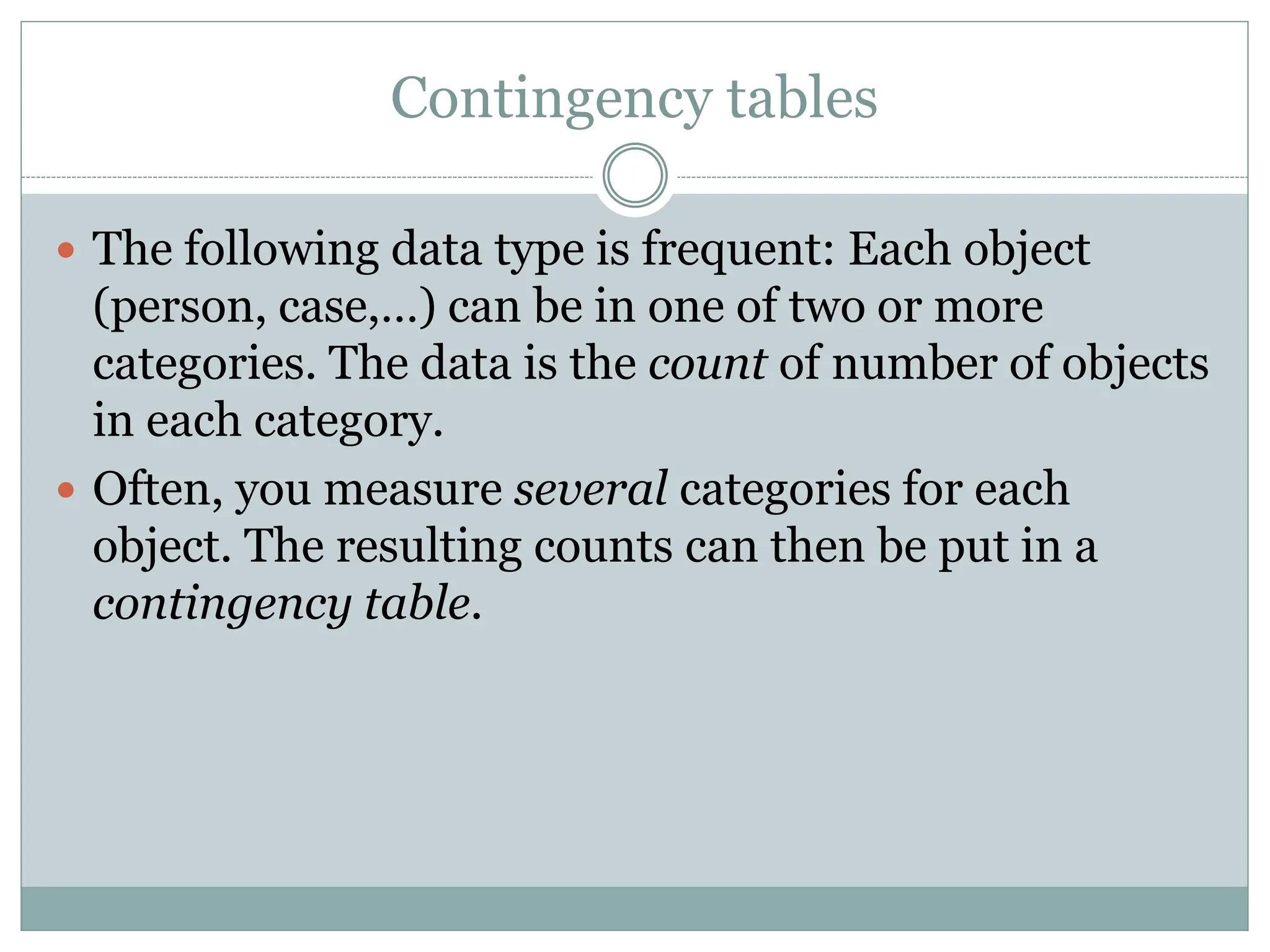 Contingency tables
 The following data type is frequent: Each object
(person, case,…) can be in one of two or more
categories. The data is the count of number of objects
in each category.
 Often, you measure several categories for each
object. The resulting counts can then be put in a
contingency table.
 