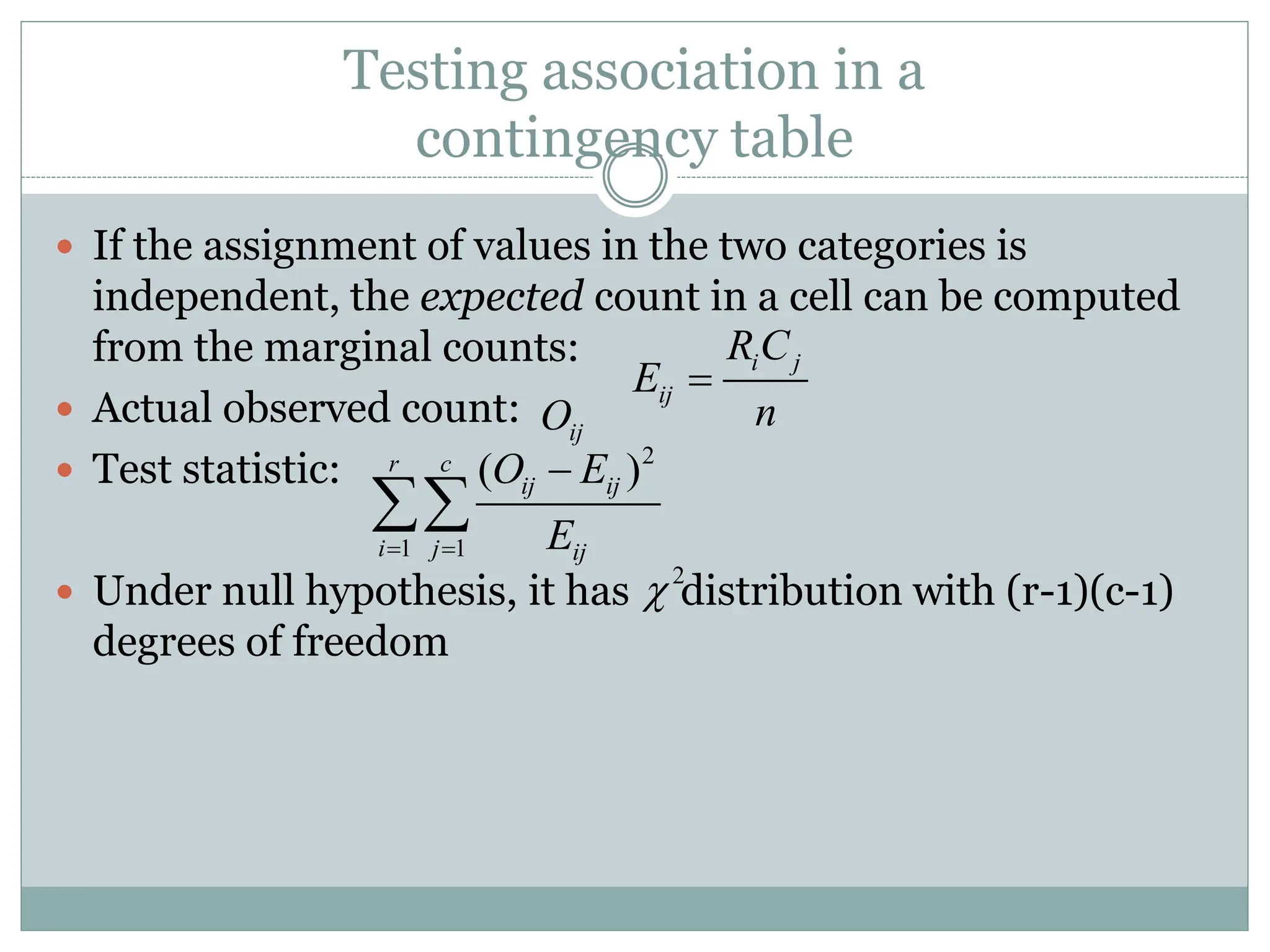Testing association in a
contingency table
 If the assignment of values in the two categories is
independent, the expected count in a cell can be computed
from the marginal counts:
 Actual observed count:
 Test statistic:
 Under null hypothesis, it has distribution with (r-1)(c-1)
degrees of freedom
i j
ij
RC
E
n

ij
O
2
1 1
( )
r c
ij ij
i j ij
O E
E
 


2

 