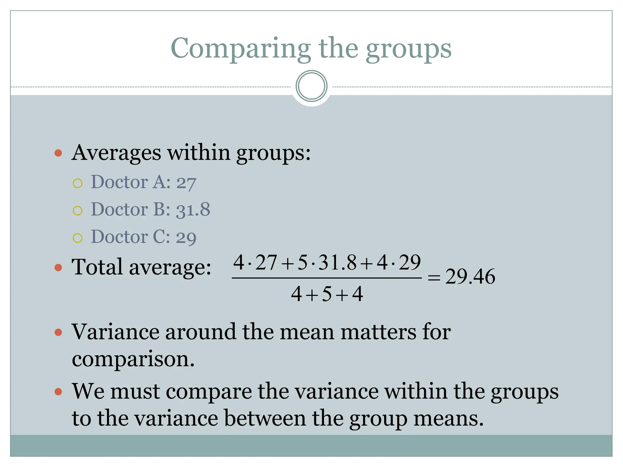 Comparing the groups
 Averages within groups:
 Doctor A: 27
 Doctor B: 31.8
 Doctor C: 29
 Total average:
 Variance around the mean matters for
comparison.
 We must compare the variance within the groups
to the variance between the group means.
4 27 5 31.8 4 29
29.46
4 5 4
    

 
 
