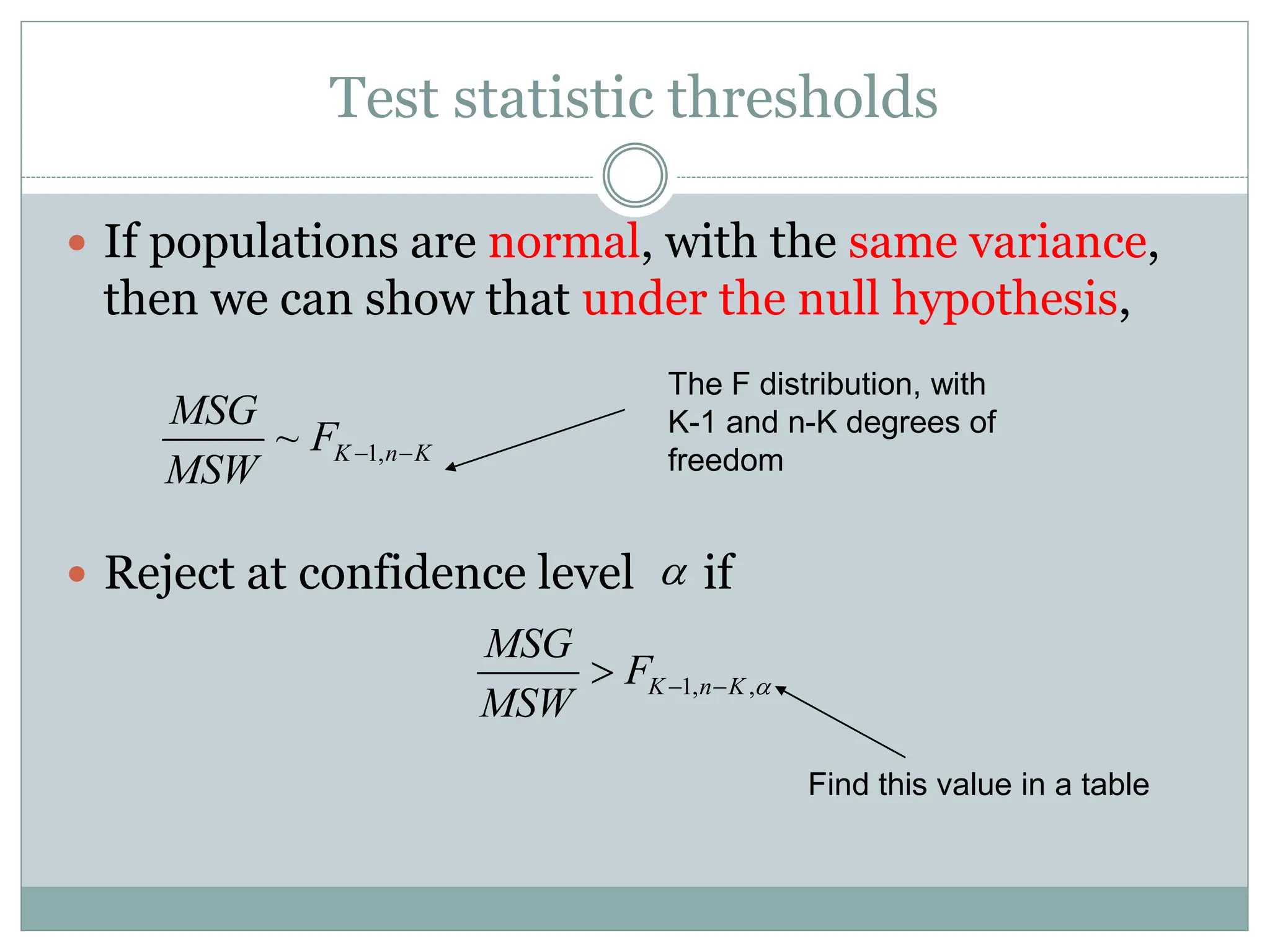 Test statistic thresholds
 If populations are normal, with the same variance,
then we can show that under the null hypothesis,
 Reject at confidence level if
1,
~ K n K
MSG
F
MSW
 

1, ,
K n K
MSG
F
MSW

 

The F distribution, with
K-1 and n-K degrees of
freedom
Find this value in a table
 