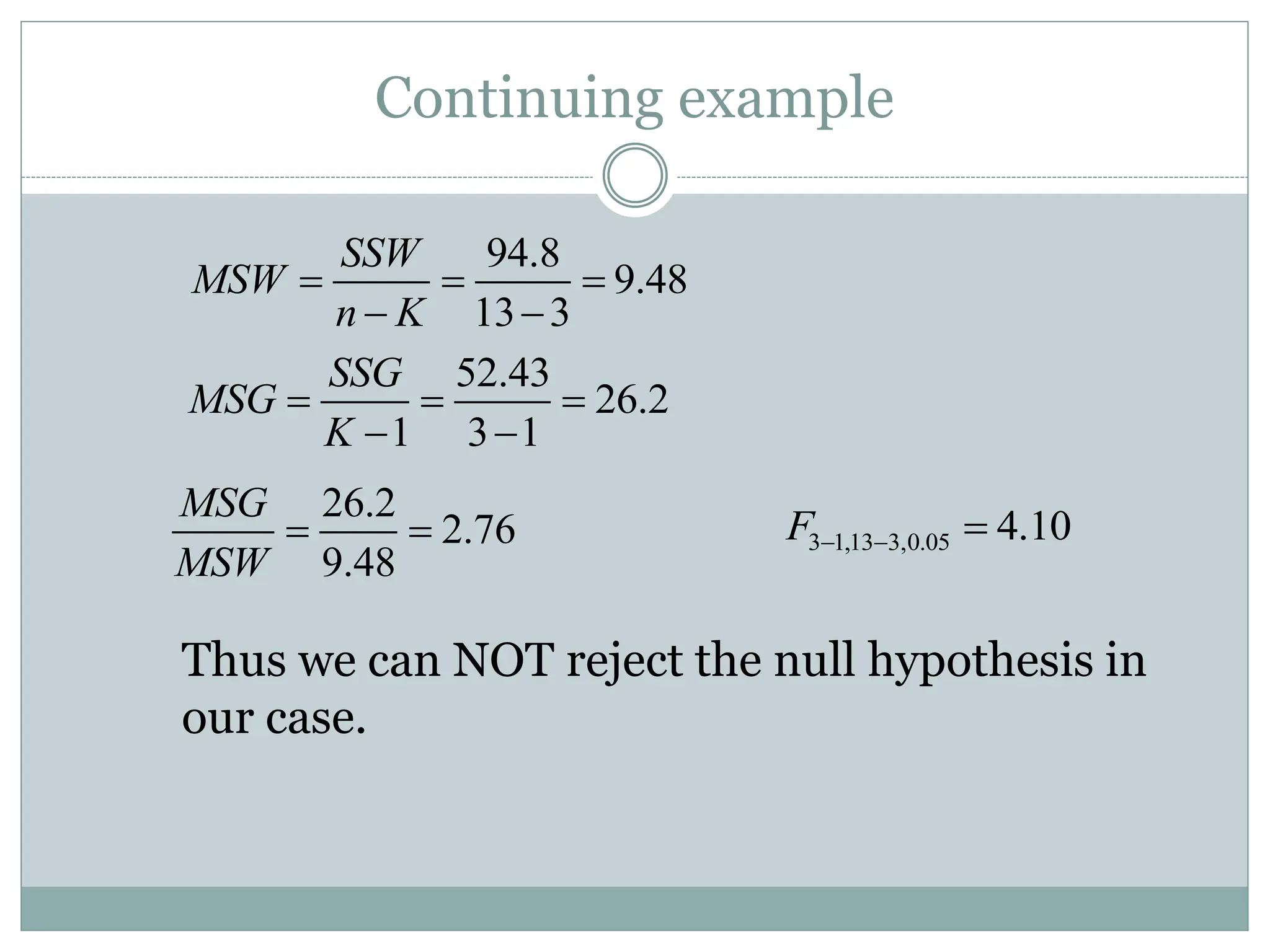 Continuing example
Thus we can NOT reject the null hypothesis in
our case.
94.8
9.48
13 3
SSW
MSW
n K
  
 
52.43
26.2
1 3 1
SSG
MSG
K
  
 
26.2
2.76
9.48
MSG
MSW
  3 1,13 3,0.05 4.10
F   
 
