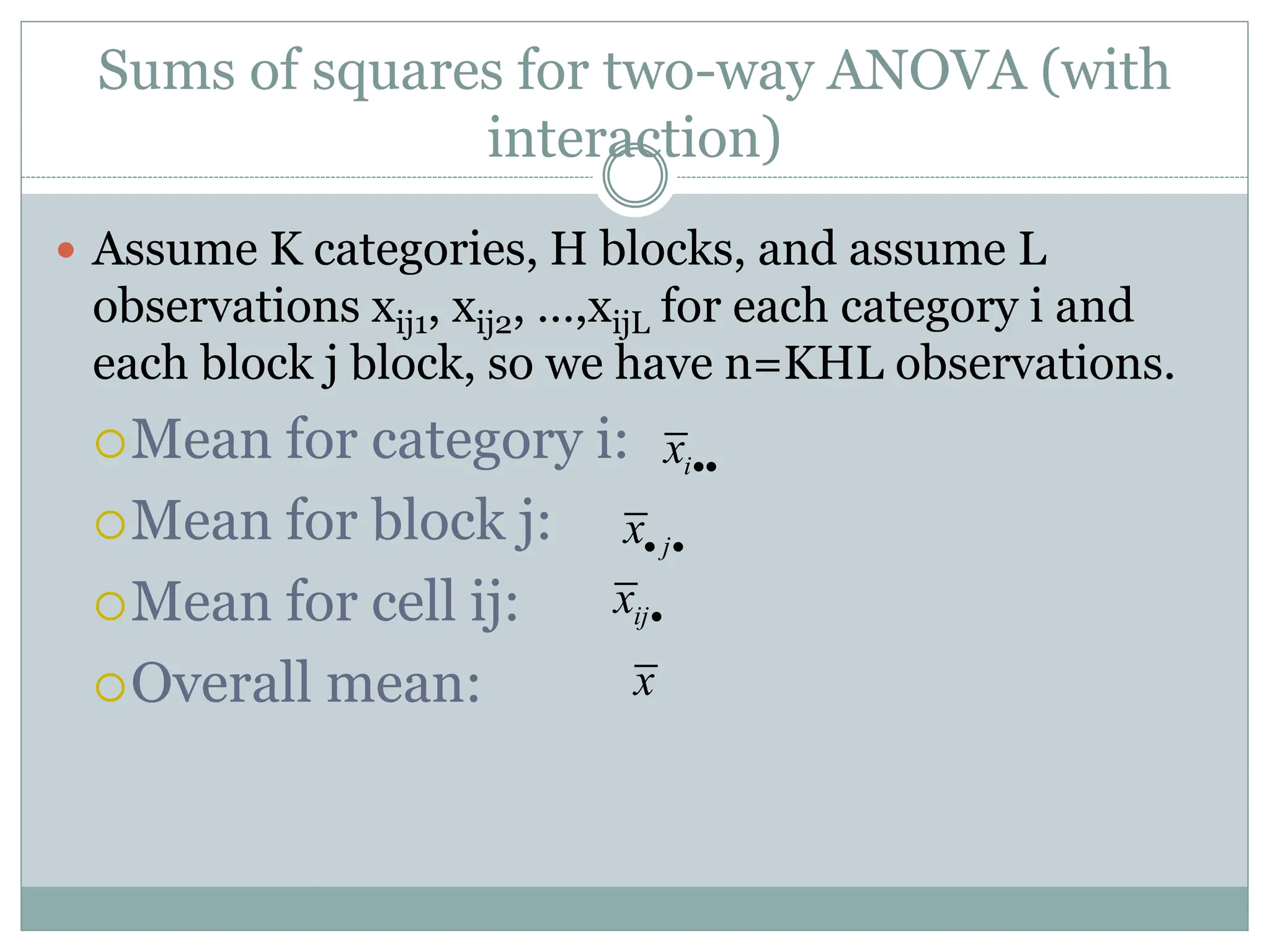 Sums of squares for two-way ANOVA (with
interaction)
 Assume K categories, H blocks, and assume L
observations xij1, xij2, …,xijL for each category i and
each block j block, so we have n=KHL observations.
Mean for category i:
Mean for block j:
Mean for cell ij:
Overall mean:
i
x 
j
x 
x
ij
x 
 