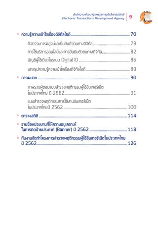 สำำ�นัักงานพััฒนาธุุรกรรมทางอิิเล็็กทรอนิิกส์์
Electronic Transactions Development Agency 9
ความรู้้�ความเข้้าใจเรื่่�องดิิจิิทััลไอดีี..............................................................70
กิิจกรรมการพิิสููจน์์และยืืนยัันตััวตนทางดิิจิิทััล.......................................73
การใช้้บริิการออนไลน์์และการยืืนยัันตััวตนทางดิิจิิทััล..............................82
บััญชีีผู้้�ใช้้เดีียวในระบบ Digital ID......................................................86
บทสรุุปความรู้้�ความเข้้าใจเรื่่�องดิิจิิทััลไอดีี...............................................89
ภาคผนวก.................................................................................................90
ภาพรวมผู้้�ตอบแบบสำำรวจพฤติิกรรมผู้้�ใช้้อิินเทอร์์เน็็ต
ในประเทศไทย ปีี 2562.....................................................................91
แบบสำำรวจพฤติิกรรมการใช้้งานอิินเทอร์์เน็็ต
ในประเทศไทยปีี 2562...................................................................100
ตารางสถิิติิ.............................................................................................114
รายชื่่�อหน่่วยงานที่่�ให้้ความอนุุเคราะห์์
ในการติิดป้้ายประกาศ (Banner) ปีี 2562........................................118
ทีีมงานจััดทำำโครงการสำำรวจพฤติิกรรมผู้้�ใช้้อิินเทอร์์เน็็ตในประเทศไทย
ปีี 2562...............................................................................................126
 