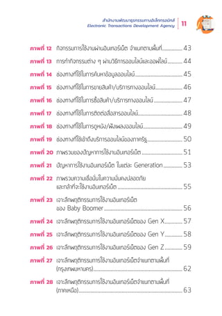 สำำ�นัักงานพััฒนาธุุรกรรมทางอิิเล็็กทรอนิิกส์์
Electronic Transactions Development Agency 11
ภาพที่่� 12	 กิิจกรรมการใช้้งานผ่่านอิินเทอร์์เน็็ต จำำแนกตามพื้้�นที่่�................43
ภาพที่่� 13	 การทำำกิิจกรรมต่่าง ๆ ผ่่านวิิธีีการออนไลน์์และออฟไลน์์............44
ภาพที่่� 14	 ช่่องทางที่่�ใช้้ในการค้้นหาข้้อมููลออนไลน์์....................................45
ภาพที่่� 15	 ช่่องทางที่่�ใช้้ในการขายสิินค้้า/บริิการทางออนไลน์์.....................46
ภาพที่่� 16	 ช่่องทางที่่�ใช้้ในการซื้้�อสิินค้้า/บริิการทางออนไลน์์......................47
ภาพที่่� 17	 ช่่องทางที่่�ใช้้ในการติิดต่่อสื่่�อสารออนไลน์์..................................48
ภาพที่่� 18	 ช่่องทางที่่�ใช้้ในการดููหนััง/ฟัังเพลงออนไลน์์..............................49
ภาพที่่� 19	 ช่่องทางที่่�ใช้้เข้้าถึึงบริิการออนไลน์์ของภาครััฐ...........................50
ภาพที่่� 20	 ภาพรวมของปััญหาการใช้้งานอิินเทอร์์เน็็ต...............................51
ภาพที่่� 21	 ปััญหาการใช้้งานอิินเทอร์์เน็็ต ในแต่่ละ Generation...............53
ภาพที่่� 22	 ภาพรวมความเชื่่�อมั่่�นในความมั่่�นคงปลอดภััย
	และกล้้าที่่�จะใช้้งานอิินเทอร์์เน็็ต.................................................55
ภาพที่่� 23	 เจาะลึึกพฤติิกรรมการใช้้งานอิินเทอร์์เน็็ต
	 ของ Baby Boomer...........................................................56
ภาพที่่� 24	 เจาะลึึกพฤติิกรรมการใช้้งานอิินเทอร์์เน็็ตของ Gen X..............57
ภาพที่่� 25	 เจาะลึึกพฤติิกรรมการใช้้งานอิินเทอร์์เน็็ตของ Gen Y..............58
ภาพที่่� 26	 เจาะลึึกพฤติิกรรมการใช้้งานอิินเทอร์์เน็็ตของ Gen Z..............59
ภาพที่่� 27	 เจาะลึึกพฤติิกรรมการใช้้งานอิินเทอร์์เน็็ตจำำแนกตามพื้้�นที่่�
	(กรุุงเทพมหานคร)...................................................................62
ภาพที่่� 28	 เจาะลึึกพฤติิกรรมการใช้้งานอิินเทอร์์เน็็ตจำำแนกตามพื้้�นที่่�
	(ภาคเหนืือ)..............................................................................63
 