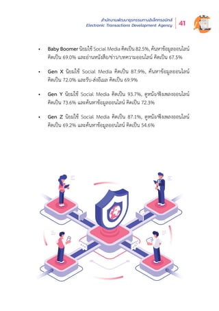 สำำ�นัักงานพััฒนาธุุรกรรมทางอิิเล็็กทรอนิิกส์์
Electronic Transactions Development Agency 41
•	 Baby Boomer นิยมใช้ Social Media คิดเป็น 82.5%, ค้นหาข้อมูลออนไลน์
คิิดเป็็น 69.0% และอ่่านหนัังสืือ/ข่่าว/บทความออนไลน์์ คิิดเป็็น 67.5%
•	 Gen X นิยมใช้ Social Media คิดเป็น 87.9%, ค้นหาข้อมูลออนไลน์
คิิดเป็็น 72.0% และรัับ-ส่่งอีีเมล คิิดเป็็น 69.9%
•	 Gen Y นิยมใช้ Social Media คิดเป็น 93.7%, ดูหนัง/ฟังเพลงออนไลน์
คิิดเป็็น 73.6% และค้้นหาข้้อมููลออนไลน์์ คิิดเป็็น 72.3%
•	 Gen Z นิยมใช้ Social Media คิดเป็น 87.1%, ดูหนัง/ฟังเพลงออนไลน์
คิิดเป็็น 69.2% และค้้นหาข้้อมููลออนไลน์์ คิิดเป็็น 54.6%
 