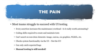 Automating visual software testing
THE PAIN
• Most teams struggle to succeed with UI testing
• Every assertion increases the maintenance overhead - Is it really worth automating?
• Coding skills required to create and maintain tests
• Can’t assert on non-dom elements: image, canvas, css graphics, WebGL, etc.
• Checks system functionality via the UI – Not the UI!
• Can only catch expected bugs
• Manual testing is still needed!
 