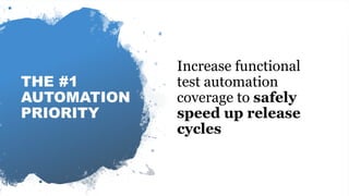 Automating visual software testing
THE #1
AUTOMATION
PRIORITY
Increase functional
test automation
coverage to safely
speed up release
cycles
 
