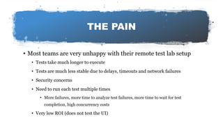 Automating visual software testing
THE PAIN
• Most teams are very unhappy with their remote test lab setup
• Tests take much longer to execute
• Tests are much less stable due to delays, timeouts and network failures
• Security concerns
• Need to run each test multiple times
• More failures, more time to analyze test failures, more time to wait for test
completion, high concurrency costs
• Very low ROI (does not test the UI)
 