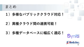 まとめ
１）多様なパブリッククラウド対応！
２）異種クラウド間の連携可能！
３）多種データベースに幅広く適応！
22
 
