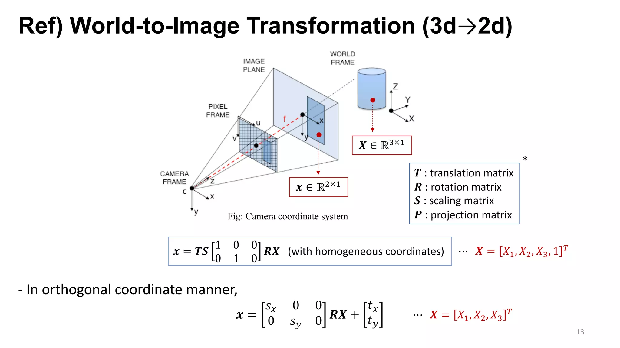 Ref) World-to-Image Transformation (3d→2d)
13
𝒙 ∈ ℝ7×9
𝑿 ∈ ℝ;×9
Fig: Camera coordinate system
𝑻 : translation matrix
𝑹 : rotation matrix
𝑺 : scaling matrix
𝑷 : projection matrix
*
𝒙 = 𝑻𝑺
1 0 0
0 1 0
𝑹𝑿 (with homogeneous coordinates)
- In orthogonal coordinate manner,
𝒙 =
𝑠F 0 0
0 𝑠G 0 𝑹𝑿 +
𝑡F
𝑡G
⋯ 𝑿 = 𝑋9, 𝑋7, 𝑋;, 1 g
⋯ 𝑿 = 𝑋9, 𝑋7, 𝑋;
g
 