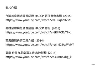 D-4
影片介紹
台灣首座通過歐盟認證 HACCP 蚵仔寮魚市場 (2015)
https://www.youtube.com/watch?v=eH5q6zDvsAI
高雄榮總病患膳食通過 HACCP 認證 (2018)
https://www.youtube.com/watch?v=tK4PCRvY7-c
四海遊龍央廚工廠介紹 (2014)
https://www.youtube.com/watch?v=WrM08AsWaHY
臺南 奇美食品幸福工廠 水餃製程 (2018)
https://www.youtube.com/watch?v=-CkKD5Ykg_k
 