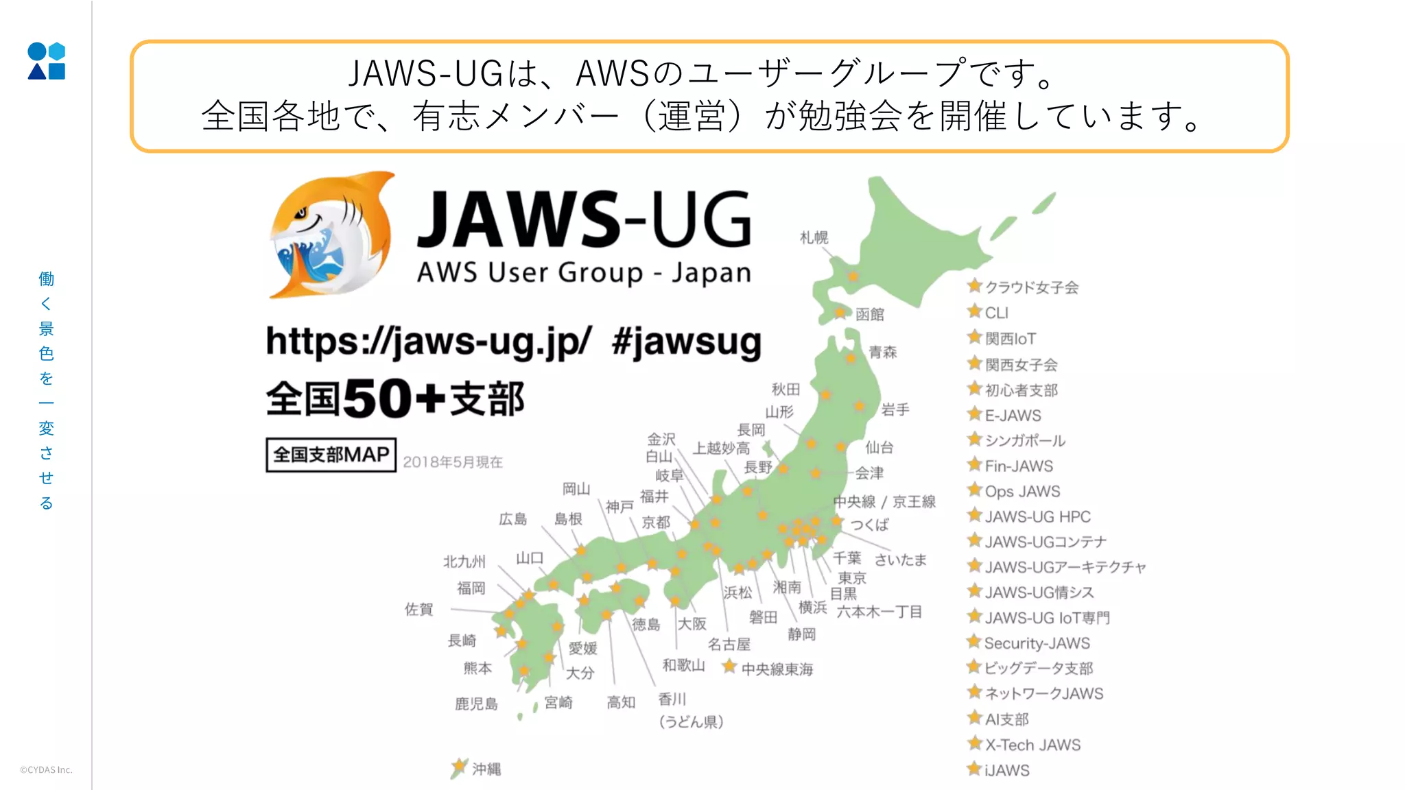 JAWS-UGは、AWSのユーザーグループです。
全国各地で、有志メンバー（運営）が勉強会を開催しています。
 
