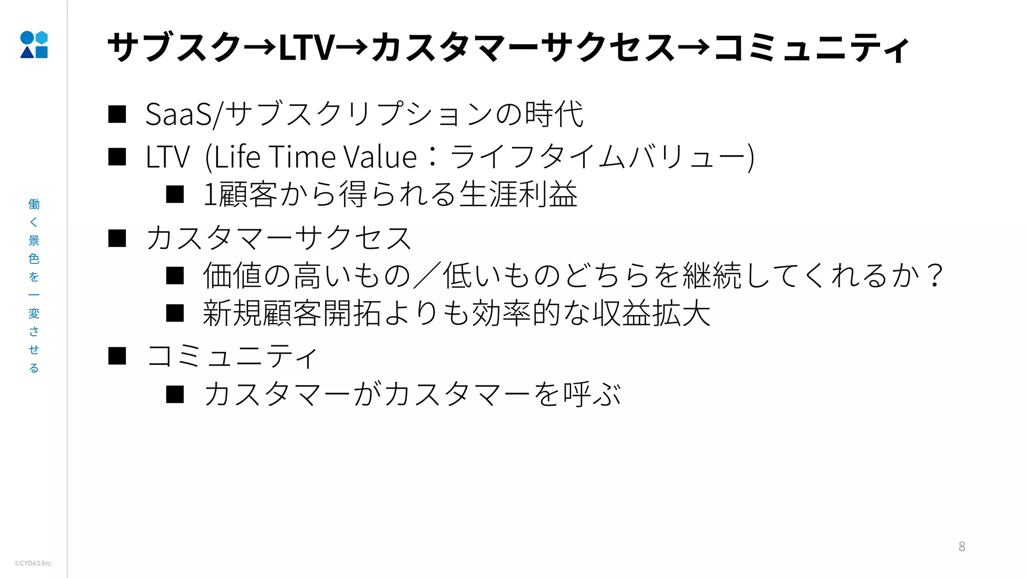 LTV
8
n SaaS/
n LTV (Life Time Value )
n 1
n
n
n
n
n
 