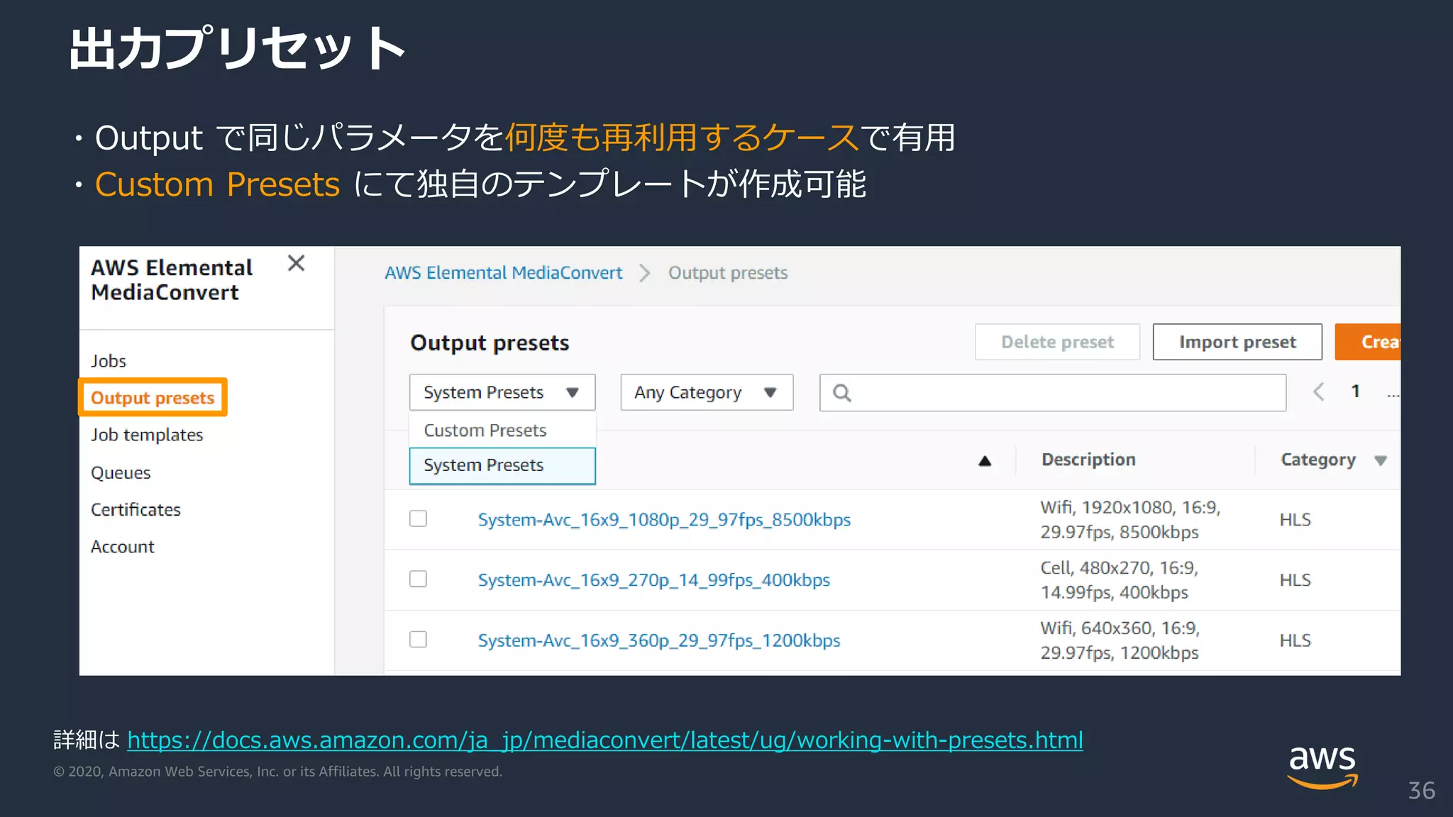 © 2020, Amazon Web Services, Inc. or its Affiliates. All rights reserved.
出力プリセット
・Output で同じパラメータを何度も再利用するケースで有用
・Custom Presets にて独自のテンプレートが作成可能
詳細は https://docs.aws.amazon.com/ja_jp/mediaconvert/latest/ug/working-with-presets.html
36
 