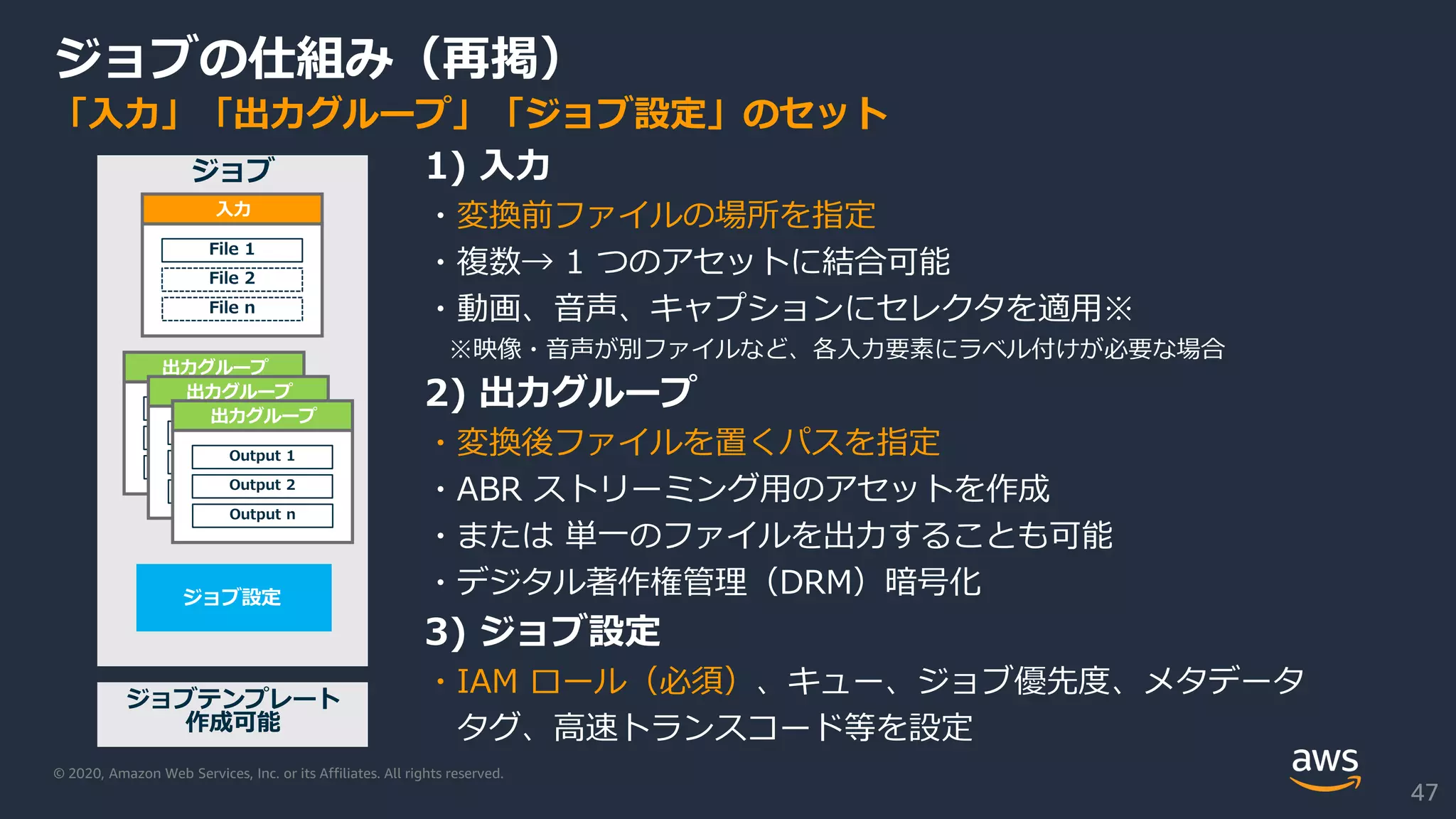 © 2020, Amazon Web Services, Inc. or its Affiliates. All rights reserved.
ジョブの仕組み（再掲）
ジョブ
出力グループ
Output 1
Output 2
Output n
入力
File 1
File 2
File n
1) 入力
・変換前ファイルの場所を指定
・複数→ 1 つのアセットに結合可能
・動画、音声、キャプションにセレクタを適用※
※映像・音声が別ファイルなど、各入力要素にラベル付けが必要な場合
2) 出力グループ
・変換後ファイルを置くパスを指定
・ABR ストリーミング用のアセットを作成
・または 単一のファイルを出力することも可能
・デジタル著作権管理（DRM）暗号化
3) ジョブ設定
・IAM ロール（必須）、キュー、ジョブ優先度、メタデータ
タグ、高速トランスコード等を設定
「入力」「出力グループ」「ジョブ設定」のセット
ジョブ設定
出力グループ
Output 1
Output 2
Output n
出力グループ
Output 1
Output 2
Output n
ジョブテンプレート
作成可能
47
 