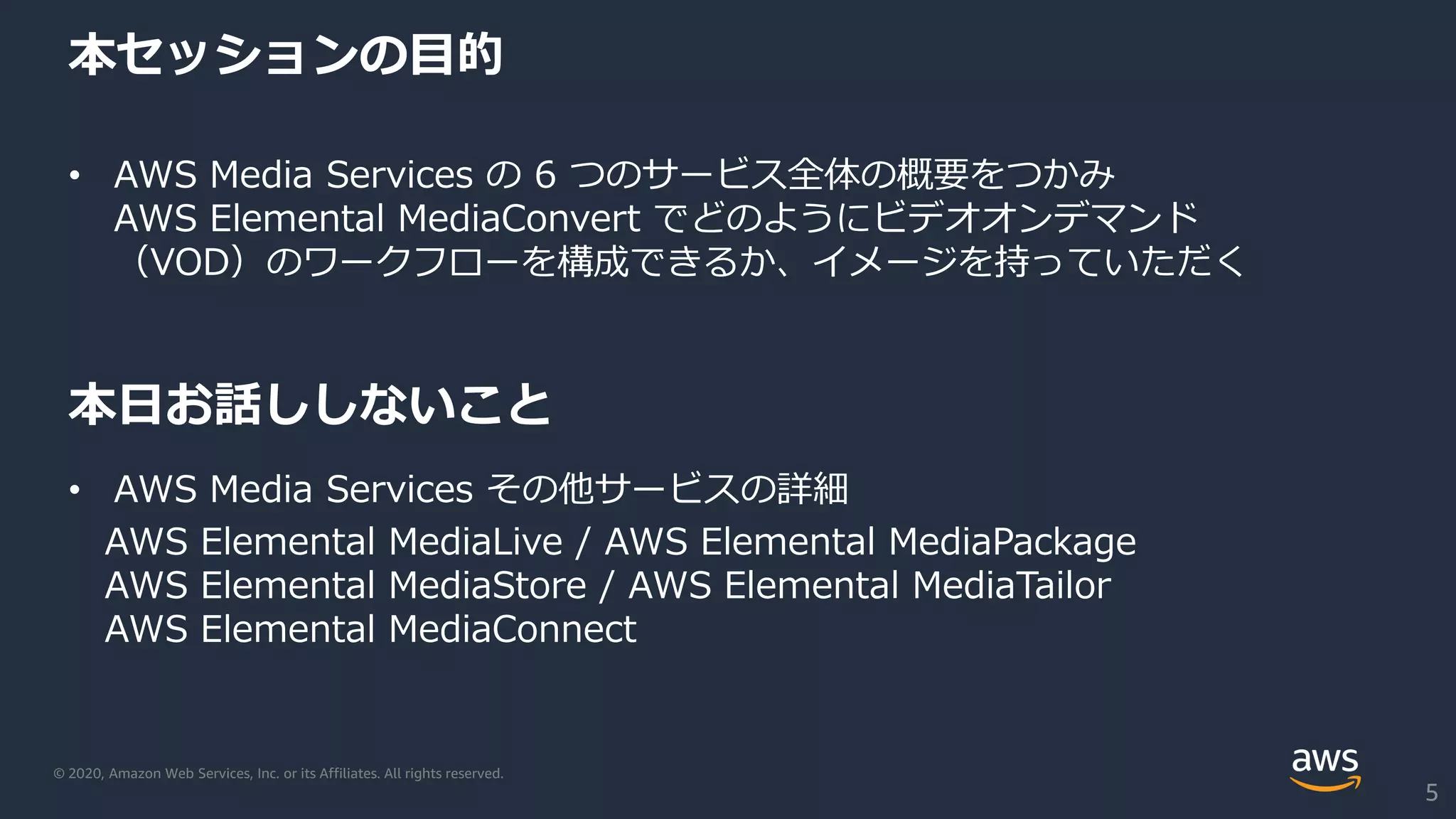 © 2020, Amazon Web Services, Inc. or its Affiliates. All rights reserved.
本セッションの目的
• AWS Media Services の 6 つのサービス全体の概要をつかみ
AWS Elemental MediaConvert でどのようにビデオオンデマンド
（VOD）のワークフローを構成できるか、イメージを持っていただく
本日お話ししないこと
• AWS Media Services その他サービスの詳細
AWS Elemental MediaLive / AWS Elemental MediaPackage
AWS Elemental MediaStore / AWS Elemental MediaTailor
AWS Elemental MediaConnect
5
 