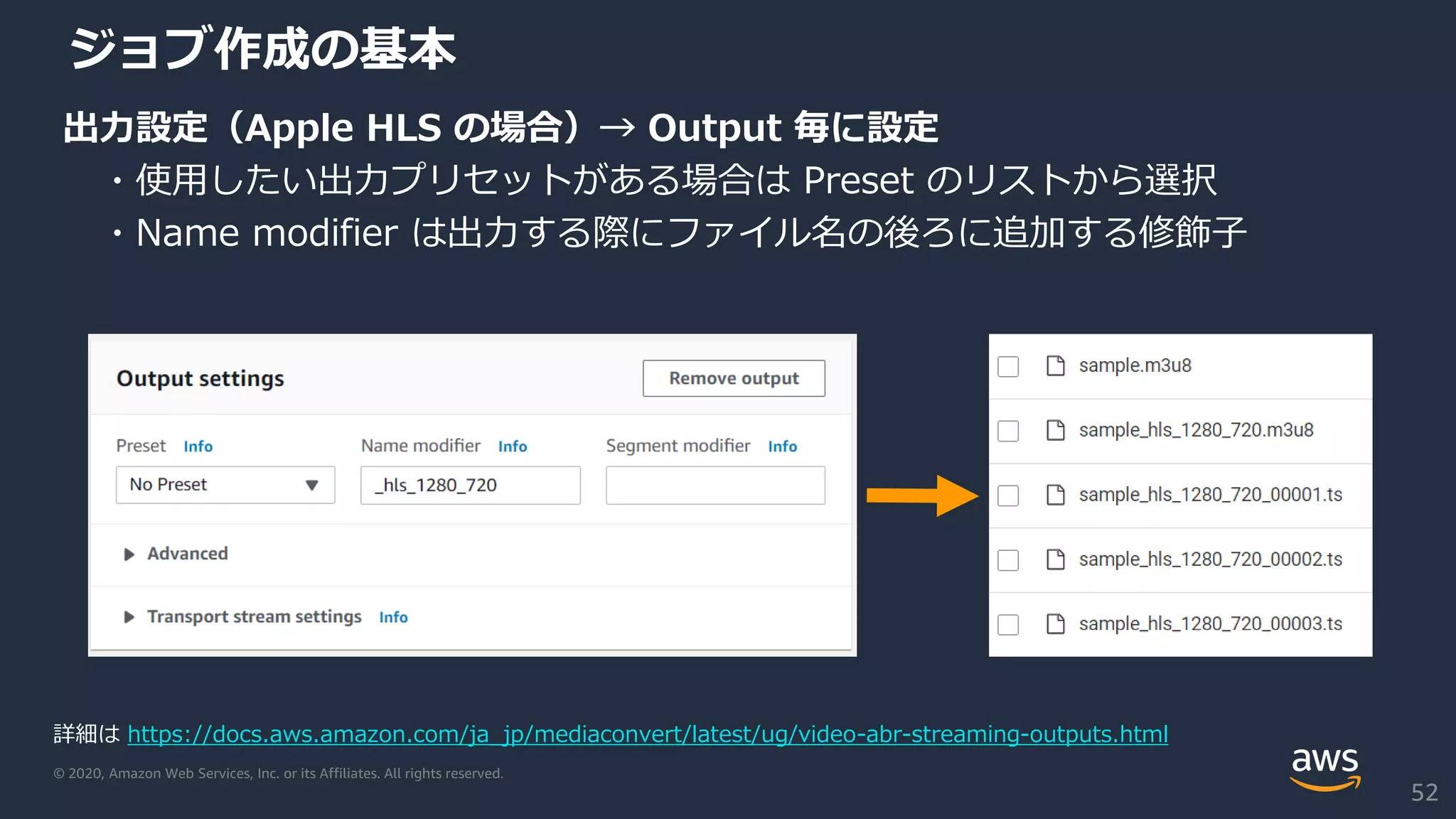© 2020, Amazon Web Services, Inc. or its Affiliates. All rights reserved.
ジョブ作成の基本
出力設定（Apple HLS の場合）→ Output 毎に設定
・使用したい出力プリセットがある場合は Preset のリストから選択
・Name modifier は出力する際にファイル名の後ろに追加する修飾子
詳細は https://docs.aws.amazon.com/ja_jp/mediaconvert/latest/ug/video-abr-streaming-outputs.html
52
 