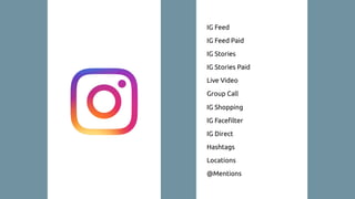 IG Feed
IG Feed Paid
IG Stories
IG Stories Paid
Live Video
Group Call
IG Shopping
IG Facefilter
IG Direct
Hashtags
Locatio...