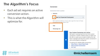 @michellemsem
• Each ad set requires an active
conversion action.
• This is what the Algorithm will
optimize for.
The Algo...