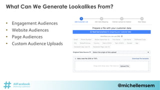@michellemsem
What Can We Generate Lookalikes From?
• Engagement Audiences
• Website Audiences
• Page Audiences
• Custom A...