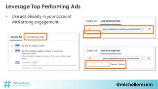 @michellemsem
• Use ads already in your account
with strong engagement.
Leverage Top Performing Ads
 