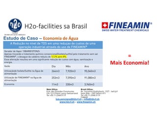 H2o-facilities sa Brasil
=
Mais Economia!
Estudo de Caso – Economia de Água
A Redução no nível de TDS em uma reduçao de custos de uma
operação industrial através do uso de FINEAMIN®
Gerador de Vapor 15BAR@10TON/h
Apenas trocando o tratamento químico convencional(fosfato/sulfito) pelo tratamento sem sal
FINEAMIN®, o desague da caldeira reduziu de 12.2% para 8%.
Essa alteração resultou em uma significante redução de custos com água, sanitização e
energia.
Vazão Dia Mês Ano
Utilizaçãode fosfato/Sulfite na Água de
alimentação
264m3 7,920m3 95,040m3
Utilização de FINEAMIN® na Água de
alimentação
253m3 7,590m3 91,080m3
Economia 11m3 330m3 3,960m3
luis.ponciano@h2o-f.ch – info@h2o-f.ch
www.h2o-f.ch – www.fineamin.ch
 