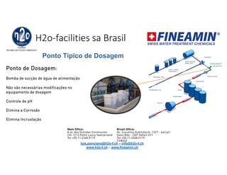 H2o-facilities sa Brasil
Ponto de Dosagem:
Bomba de sucção de água de alimentação
Não são necessárias modificações no
equipamento de dosagem
Controle de pH
Elimina a Corrosão
Elimina Incrustação
Ponto Típico de Dosagem
luis.ponciano@h2o-f.ch – info@h2o-f.ch
www.h2o-f.ch – www.fineamin.ch
 