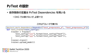 DeNA TechCon 2020
#denatechcon
@pytest.mark.dependency(depends=[test_preprocess_a, test_preprocess_b])
def test_trainer(test_config):
trainer = Trainer(
test_config[xxx].format(test_config[hash"]),
test_config[yyy].format(test_config[hash"]),
)
trainer.train()
trainer.upload_model()
 