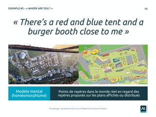 88
« There’s a red and blue tent and a
burger booth close to me »
EXEMPLE #5 – « WHERE ARE YOU ? »
Modèle mental
(homéomorphisme)
Points de repères dans le monde réel en regard des
repères proposés sur les plans affichés ou distribués
 