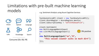Easy / Less Control Full Control / Harder
TextAnalyticsAPI client = new TextAnalyticsAPI();
client.AzureRegion = AzureRegions.Westus;
client.SubscriptionKey = "1bf33391DeadFish";
client.Sentiment(
new MultiLanguageBatchInput(
new List<MultiLanguageInput>()
{
new MultiLanguageInput("en","0",
"This vacuum cleaner sucks so much dirt")
}));
e.g. Sentiment Analysis using Azure Cognitive Services
9% positive
Vision Speech Language
Knowledge SearchLabs
Limitations with pre-built machine learning
models
 