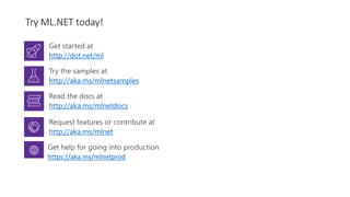 Try ML.NET today!
http://dot.net/ml
http://aka.ms/mlnetsamples
http://aka.ms/mlnetdocs
http://aka.ms/mlnet
https://aka.ms/mlnetprod
 