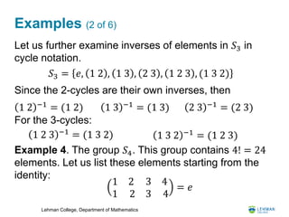 Lehman College, Department of Mathematics
Examples (2 of 6)
Let us further examine inverses of elements in 𝑆3 in
cycle notation.
Since the 2-cycles are their own inverses, then
For the 3-cycles:
Example 4. The group 𝑆4. This group contains 4! = 24
elements. Let us list these elements starting from the
identity:
𝑆3 = 𝑒, 1 2 , 1 3 , 2 3 , 1 2 3 , (1 3 2)
1 2 −1 = (1 2) 1 3 −1 = (1 3) 2 3 −1 = (2 3)
1 2 3 −1 = (1 3 2) 1 3 2 −1
= (1 2 3)
1 2
1 2
3
3
4
4
= 𝑒
 