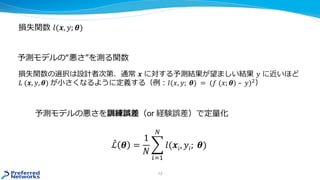 損失関数 𝑙𝑙(𝒙𝒙, 𝑦𝑦; 𝜽𝜽)
損失関数の選択は設計者次第．通常 𝒙𝒙 に対する予測結果が望ましい結果 𝑦𝑦 に近いほど
𝐿𝐿 (𝒙𝒙, 𝑦𝑦, 𝜽𝜽) が小さくなるように定義する（例︓𝑙𝑙(𝑥𝑥, 𝑦𝑦; 𝜽𝜽) = (𝑓𝑓 (𝑥𝑥; 𝜽𝜽) – 𝑦𝑦)2
）
13
予測モデルの悪さを訓練誤差（or 経験誤差）で定量化
̂ℒ 𝜽𝜽 =
1
𝑁𝑁
�
𝑖𝑖=1
𝑁𝑁
𝑙𝑙(𝒙𝒙𝑖𝑖, 𝑦𝑦𝑖𝑖; 𝜽𝜽)
予測モデルの“悪さ”を測る関数
 