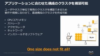 © 2020, Amazon Web Services, Inc. or its Affiliates. All rights reserved.
ユーザやタスク単位で専用のクラスタを構築できるため
要件や規模に合わせて、最適構成のクラスタを作成可能
• CPUコア/メモリ
• ストレージ
• アクセラレータ
• ネットワーク
• インストールするソフトウェア
One size does not fit all!
アプリケーションに合わせた構成のクラスタを構築可能
 