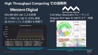 © 2020, Amazon Web Services, Inc. or its Affiliates. All rights reserved.
High Throughput Computing での活用例
230,000,000 Job による処理
ピーク時には 100 万 vCPU 使用
20 日かかっていた処理が 8 時間で
3.24 billion base pairs のシーケンス
Amazon EC2 Spot を 300万コア・時間
使用
https://www.nature.com/articles/s41588-018-0153-5
https://aws.amazon.com/jp/blogs/aws/saving-koalas-using-genomics-research-and-cloud-
computing/
https://aws.amazon.com/jp/blogs/news/western-digital-hdd-simulation-
at-cloud-scale-2-5-million-hpc-tasks-40k-ec2-spot-instances/
 