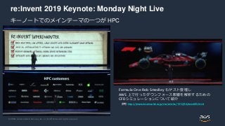 © 2020, Amazon Web Services, Inc. or its Affiliates. All rights reserved.
re:Invent 2019 Keynote: Monday Night Live
キーノートでのメインテーマの一つが HPC
Formula One Rob Smedley もゲスト登壇し
AWS 上で行ったダウンフォース影響を解析するための
CFDシミュレーションについて紹介
参考: https://monoist.atmarkit.co.jp/mn/articles/1912/06/news085.html
 