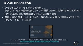 © 2020, Amazon Web Services, Inc. or its Affiliates. All rights reserved.
まとめ: HPC on AWS
• クラウドのスケーラビリティを活用し、
必要な時に必要な量の必要なタイプの計算リソースを確保することが可能
• HPC の基本となる構成はオンプレミス環境と同様
• 豊富な HPC 関連サービスがあり、既に様々な業種のお客様が AWS 上で
HPC ワークロードを実施中
re:Invent 2019 等での HPC 関連サービスアップデートについてはこちらをご参照ください
https://www.slideshare.net/DaisukeMiyamoto6/hpc-on-aws-2019
 