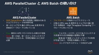 © 2020, Amazon Web Services, Inc. or its Affiliates. All rights reserved.
AWS ParallelCluster と AWS Batch の使い分け
AWS ParallelCluster
• SGE/Torque/Slurm 等の利用者に馴染みのある
ジョブスケジューラを利用可能
• 単一のジョブが大量の CPU core を使用する
密結合ワークロードに向いている
• Pros: 既存の HPC クラスタからの移行が容易
• Cons: 単一のAZ、単一のインスタンスタイプ
での利用となるため、可用性確保には工夫が
必要
AWS Batch
• フルマネージドの独自ジョブスケジューラ
• 少数の CPU core を使用するジョブを大量に実
行する疎結合・High Throughput Computing ワー
クロードに向いている
• Pros: フルマネージドサービスでありコンテナさ
え用意すれば計算基盤の管理は不要
• Pros: 複数 AZ や複数インスタンスタイプの利用
が可能であり、可用性を確保しやすい
• Cons: コンテナ化やスケジューラ対応が必要
 