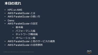 © 2020, Amazon Web Services, Inc. or its Affiliates. All rights reserved.
本日の流れ
• HPC on AWS
• AWS ParallelCluster とは
• AWS ParallelCluster の使い方
• Demo
• AWS ParallelCluster の設定
• 基本編
• パフォーマンス編
• ネットワーク構成編
• オペレーション編
• AWS ParallelCluster と他のサービスの連携
• AWS ParallelCluster の活用事例
 