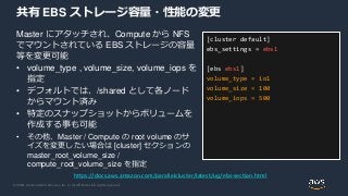 © 2020, Amazon Web Services, Inc. or its Affiliates. All rights reserved.
共有 EBS ストレージ容量・性能の変更
Master にアタッチされ、Compute から NFS
でマウントされている EBS ストレージの容量
等を変更可能
• volume_type , volume_size, volume_iops を
指定
• デフォルトでは、/shared として各ノード
からマウント済み
• 特定のスナップショットからボリュームを
作成する事も可能
• その他、Master / Compute の root volume のサ
イズを変更したい場合は [cluster] セクションの
master_root_volume_size /
compute_root_volume_size を指定
[cluster default]
ebs_settings = ebs1
[ebs ebs1]
volume_type = io1
volume_size = 100
volume_iops = 500
https://docs.aws.amazon.com/parallelcluster/latest/ug/ebs-section.html
 