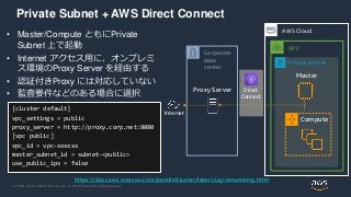 © 2020, Amazon Web Services, Inc. or its Affiliates. All rights reserved.
Private subnet
Private Subnet + AWS Direct Connect
AWS Cloud
Master
Compute
VPC
Corporate
data
center
Proxy Server Direct
Connect
Internet
• Master/Compute ともにPrivate
Subnet 上で起動
• Internet アクセス用に、オンプレミ
ス環境のProxy Server を経由する
• 認証付きProxy には対応していない
• 監査要件などのある場合に選択
[cluster default]
vpc_settings = public
proxy_server = http://proxy.corp.net:8080
[vpc public]
vpc_id = vpc-xxxxxx
master_subnet_id = subnet-<public>
use_public_ips = false
https://docs.aws.amazon.com/parallelcluster/latest/ug/networking.html
 