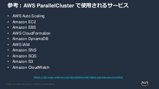 © 2020, Amazon Web Services, Inc. or its Affiliates. All rights reserved.
参考：AWS ParallelCluster で使用されるサービス
• AWS Auto Scaling
• Amazon EC2
• Amazon EBS
• AWS CloudFormation
• Amazon DynamoDB
• AWS IAM
• Amazon SNS
• Amazon SQS
• Amazon S3
• Amazon CloudWatch
https://docs.aws.amazon.com/parallelcluster/latest/ug/aws-services.html
 