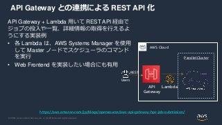 © 2020, Amazon Web Services, Inc. or its Affiliates. All rights reserved.
API Gateway との連携による REST API 化
API Gateway + Lambda 用いて REST API 経由で
ジョブの投入や一覧、詳細情報の取得を行えるよ
うにする実装例
• 各 Lambda は、AWS Systems Manager を使用
して Master ノードでスケジューラのコマンド
を実行
• Web Frontend を実装したい場合にも有用
https://aws.amazon.com/jp/blogs/opensource/aws-api-gateway-hpc-job-submission/
ParallelCluster
AWS Cloud
API
Gateway
Lambda
Users
REST
 