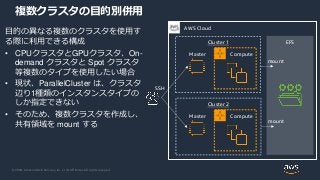 © 2020, Amazon Web Services, Inc. or its Affiliates. All rights reserved.
複数クラスタの目的別併用
目的の異なる複数のクラスタを使用す
る際に利用できる構成
• CPUクラスタとGPUクラスタ、On-
demand クラスタと Spot クラスタ
等複数のタイプを使用したい場合
• 現状、ParallelCluster は、クラスタ
辺り1種類のインスタンスタイプの
しか指定できない
• そのため、複数クラスタを作成し、
共有領域を mount する
AWS Cloud
Cluster 1
Master Compute
SSH
EFS
Cluster 2
Master Compute
mount
mount
 