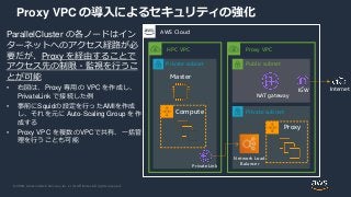 © 2020, Amazon Web Services, Inc. or its Affiliates. All rights reserved.
Proxy VPC の導入によるセキュリティの強化
ParallelCluster の各ノードはイン
ターネットへのアクセス経路が必
要だが、Proxy を経由することで
アクセス先の制限・監視を行うこ
とが可能
• 右図は、Proxy 専用の VPC を作成し、
PrivateLink で接続した例
• 事前にSquidの設定を行ったAMIを作成
し、それを元に Auto-Scaling Group を作
成する
• Proxy VPC を複数のVPCで共有、一括管
理を行うことも可能
Private subnet
AWS Cloud
Master
Compute
HPC VPC Proxy VPC
Private subnet
Public subnet
Network Load
Balancer
Proxy
PrivateLink
NAT gateway
InternetIGW
 