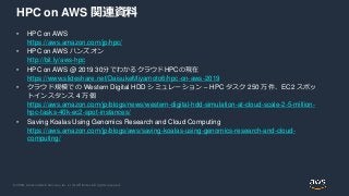 © 2020, Amazon Web Services, Inc. or its Affiliates. All rights reserved.
HPC on AWS 関連資料
• HPC on AWS
https://aws.amazon.com/jp/hpc/
• HPC on AWS ハンズオン
http://bit.ly/aws-hpc
• HPC on AWS @ 2019 30分でわかるクラウドHPCの現在
https://www.slideshare.net/DaisukeMiyamoto6/hpc-on-aws-2019
• クラウド規模での Western Digital HDD シミュレーション – HPC タスク 250 万件、EC2 スポッ
トインスタンス 4 万個
https://aws.amazon.com/jp/blogs/news/western-digital-hdd-simulation-at-cloud-scale-2-5-million-
hpc-tasks-40k-ec2-spot-instances/
• Saving Koalas Using Genomics Research and Cloud Computing
https://aws.amazon.com/jp/blogs/aws/saving-koalas-using-genomics-research-and-cloud-
computing/
 