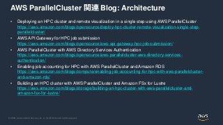 © 2020, Amazon Web Services, Inc. or its Affiliates. All rights reserved.
AWS ParallelCluster 関連 Blog: Architecture
• Deploying an HPC cluster and remote visualization in a single step using AWS ParallelCluster
https://aws.amazon.com/blogs/opensource/deploy-hpc-cluster-remote-visualization-single-step-
parallelcluster/
• AWS API Gateway for HPC job submission
https://aws.amazon.com/blogs/opensource/aws-api-gateway-hpc-job-submission/
• AWS ParallelCluster with AWS Directory Services Authentication
https://aws.amazon.com/blogs/opensource/aws-parallelcluster-aws-directory-services-
authentication/
• Enabling job accounting for HPC with AWS ParallelCluster and Amazon RDS
https://aws.amazon.com/blogs/compute/enabling-job-accounting-for-hpc-with-aws-parallelcluster-
and-amazon-rds/
• Building an HPC cluster with AWS ParallelCluster and Amazon FSx for Lustre
https://aws.amazon.com/blogs/storage/building-an-hpc-cluster-with-aws-parallelcluster-and-
amazon-fsx-for-lustre/
 