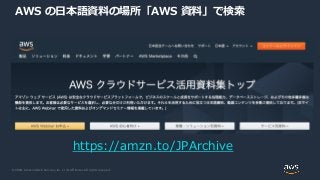 © 2020, Amazon Web Services, Inc. or its Affiliates. All rights reserved.
AWS の日本語資料の場所「AWS 資料」で検索
https://amzn.to/JPArchive
 