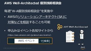 © 2020, Amazon Web Services, Inc. or its Affiliates. All rights reserved.
で[検索]AWS イベント
毎週”W-A個別技術相談会”を実施中
• AWSのソリューションアーキテクト(SA)に
対策などを相談することも可能
• 申込みはイベント告知サイトから
(https://aws.amazon.com/jp/about-aws/events/)
AWS Well-Architected 個別技術相談会
 